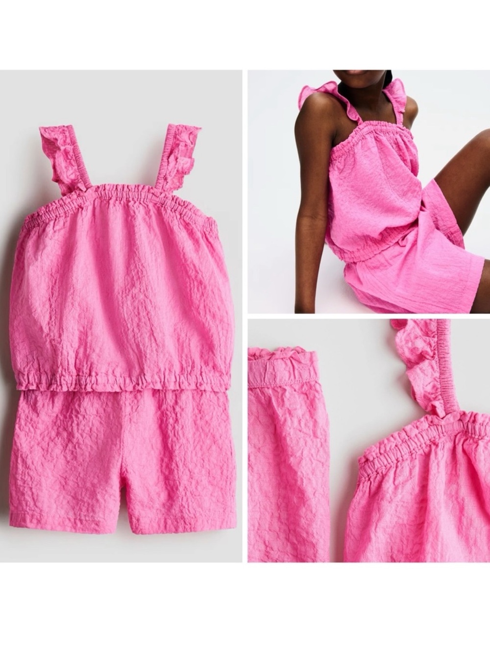H&M girls two piece crinkle effect cotton set top and shorts